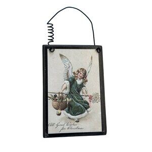 Vintage Angel With Basket Christmas Postcard Wall Decor With Wire Hanger 4 x 3